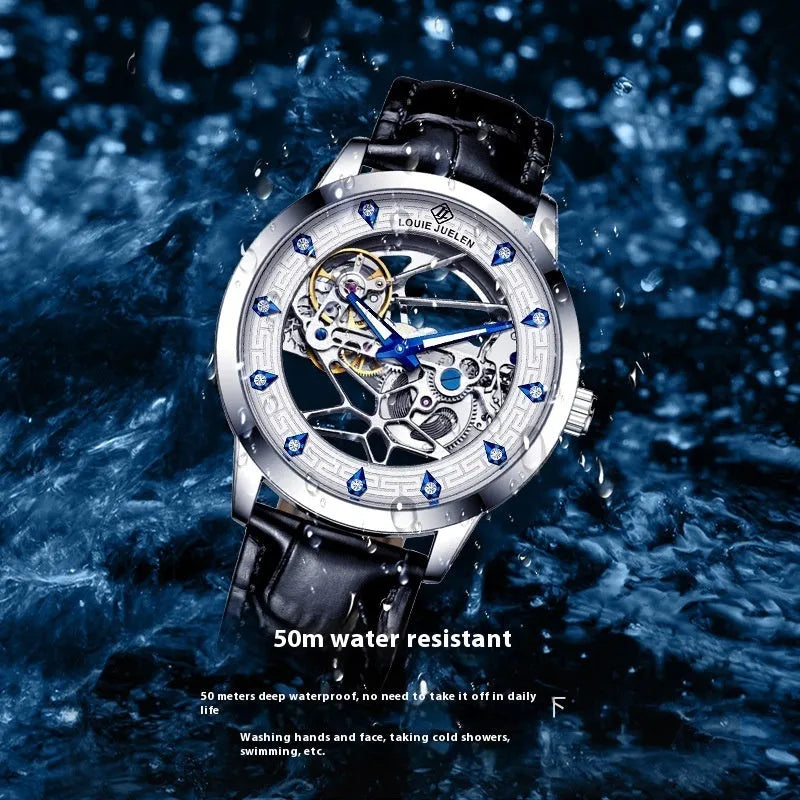 Men's silver case mechanical watch with white dial, blue hands, and black leather strap