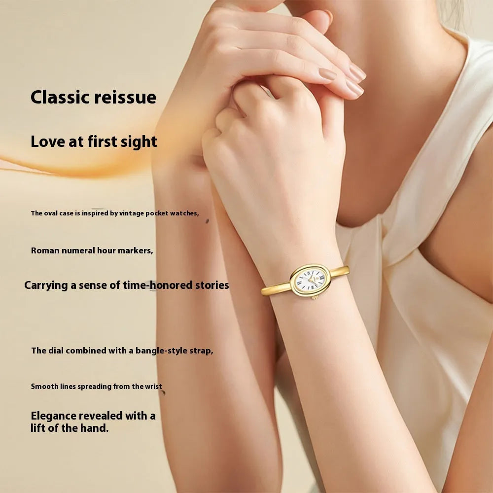 Women's oval retro quartz watch with 8mm case thickness in gold colour variant