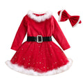 Girls red cotton Christmas dress and headband set, sizes 12M to 5T