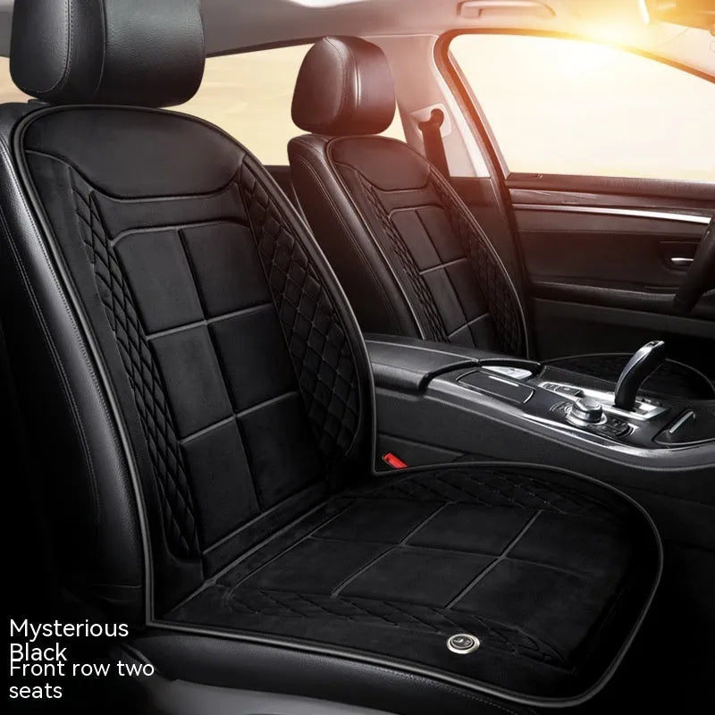 Car seat heating cushion in beige colour on a vehicle seat, showcasing its auto heating function and cotton filler.