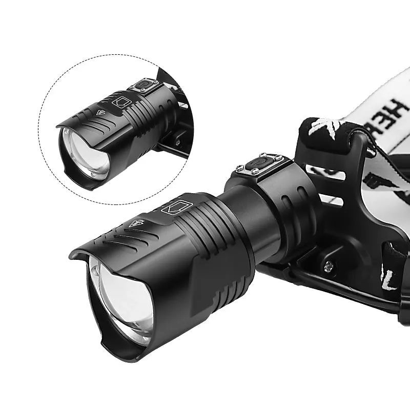 Black USB rechargeable headlamp torch with telescopic zoom lens and adjustable headband