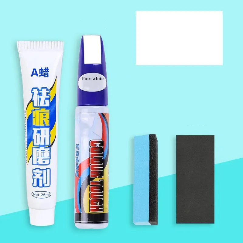 Automotive paint repair pen kit with scratch wax, paint pen, sponge, and sandpaper for car scratches