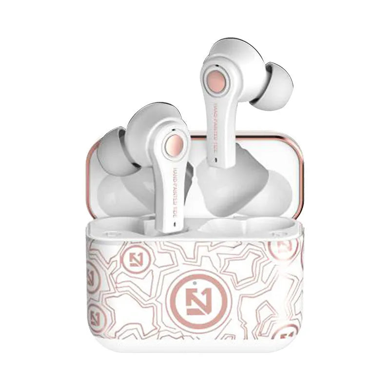 Black and white wireless Bluetooth headset with over-ear design showing multi-point connection and 18-metre range.