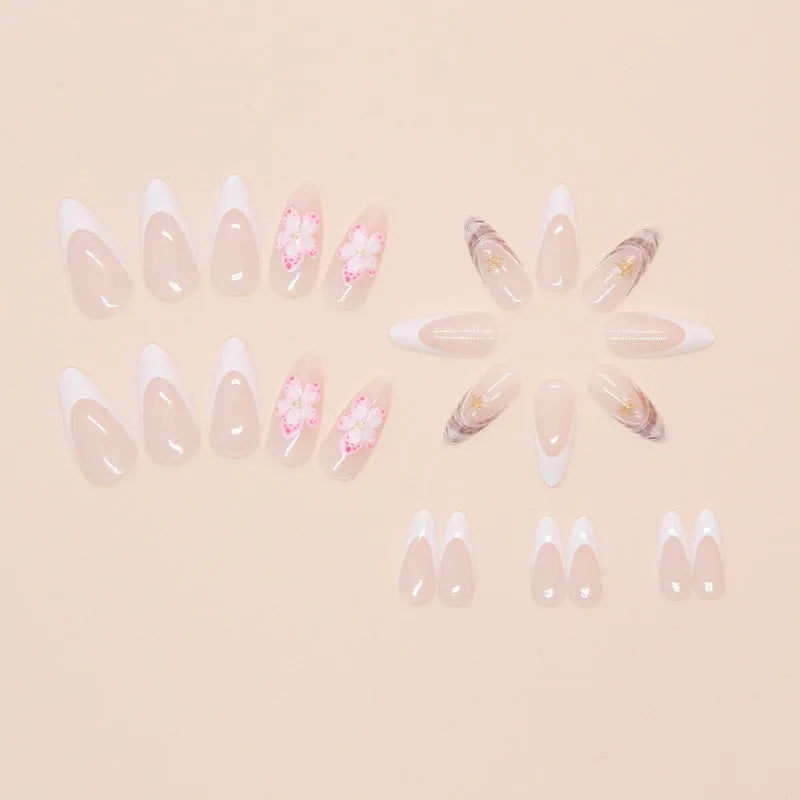 W1764 simple flower French style rock pattern fake nails 24 piece set