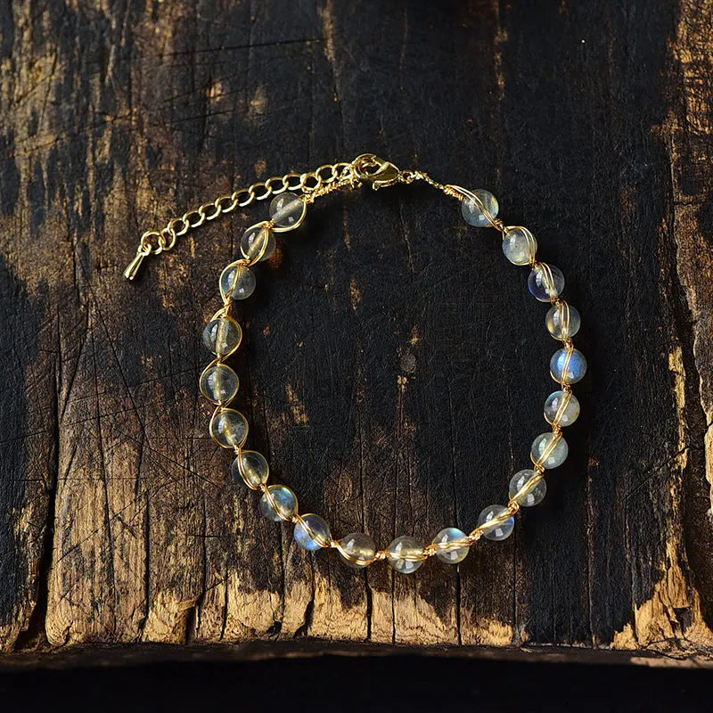 14K gilded blue moonstone bracelet with 6mm crystal gemstones and metal elements