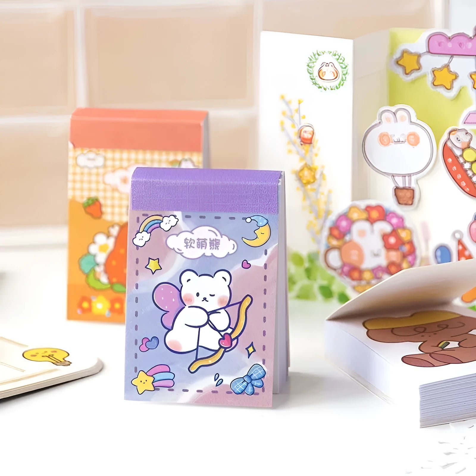 Japanese cartoon character paper stickers measuring 40x60mm with heart and lollipop designs