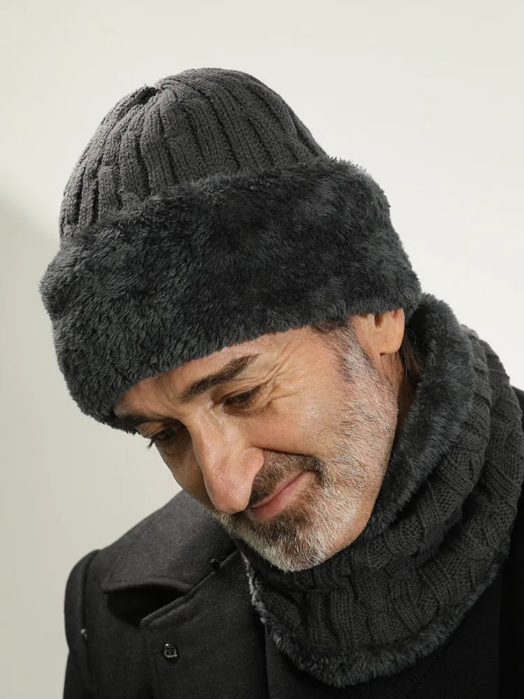 Men's winter windproof hemp knitted hat with thick knit and flexible fit on model
