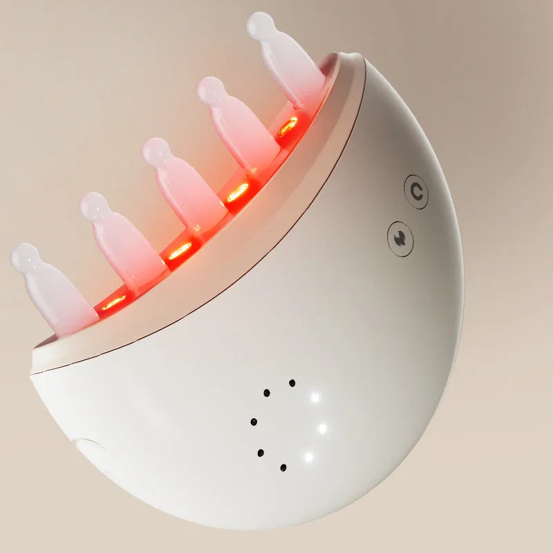 White electric moon comb with jade scalp massage surface and USB power, three gear settings.