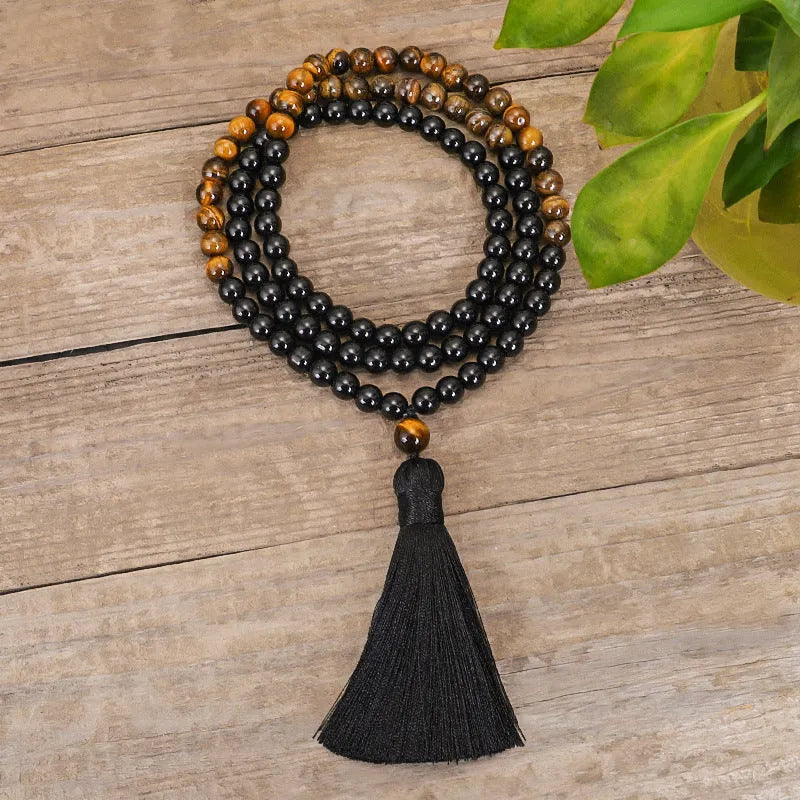 Tiger eye stone tassel sweater chain necklace with drop shape pendant and ball bead chain
