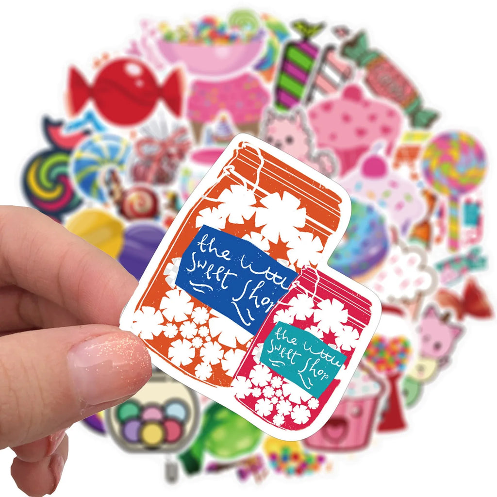 Pack of 50 colourful candy graffiti cartoon stickers measuring 4-6cm on pink background