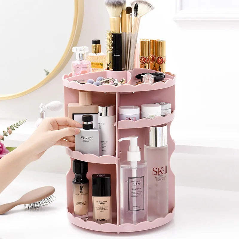 Multi-function cosmetics storage box, 360 rotating plastic makeup organizer, 23 x 30.5cm, pink white black transparent