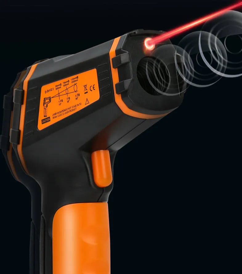 ST390A handheld infrared thermometer with laser pointer and LCD display.