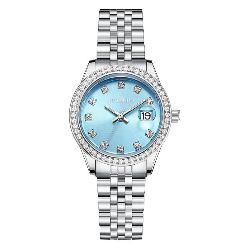 Women's silver calendar watch with quartz movement and 32mm alloy case