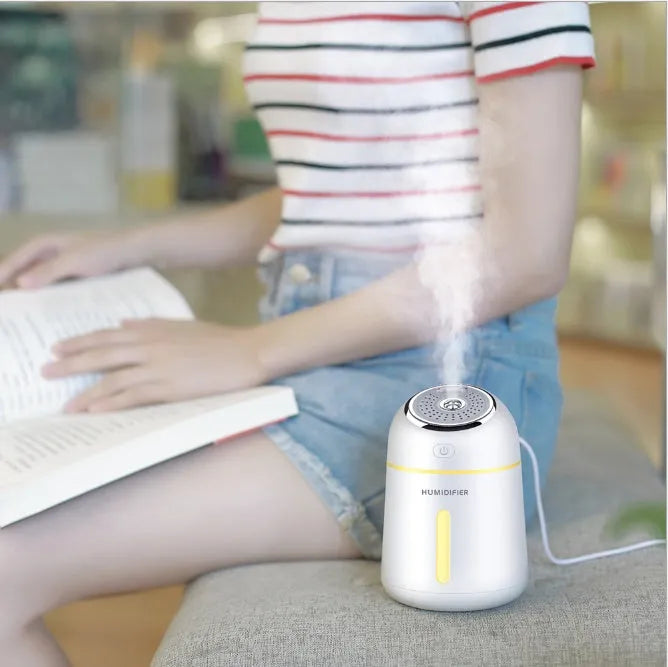 Mini USB ultrasonic humidifier in blue, pink or white, 330ml, 139x96x96mm, with USB fan and LED light