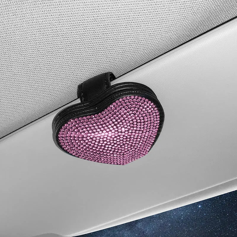 Diamond-encrusted PU leather magnetic clip for car sun visor holding sunglasses
