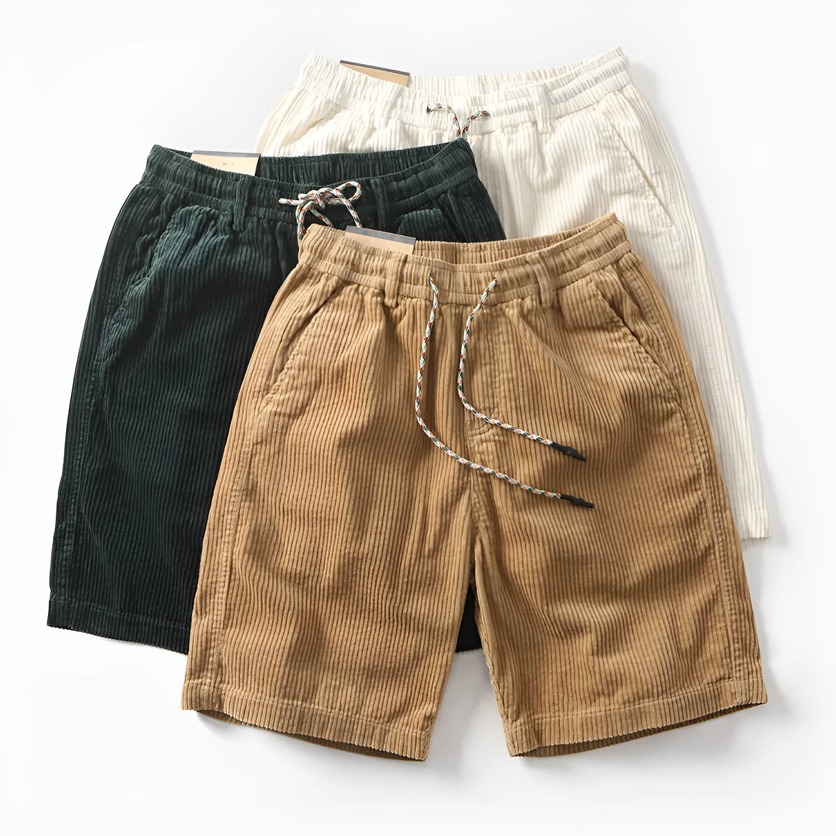 Men's khaki retro American cargo shorts with straight leg and multiple pockets
