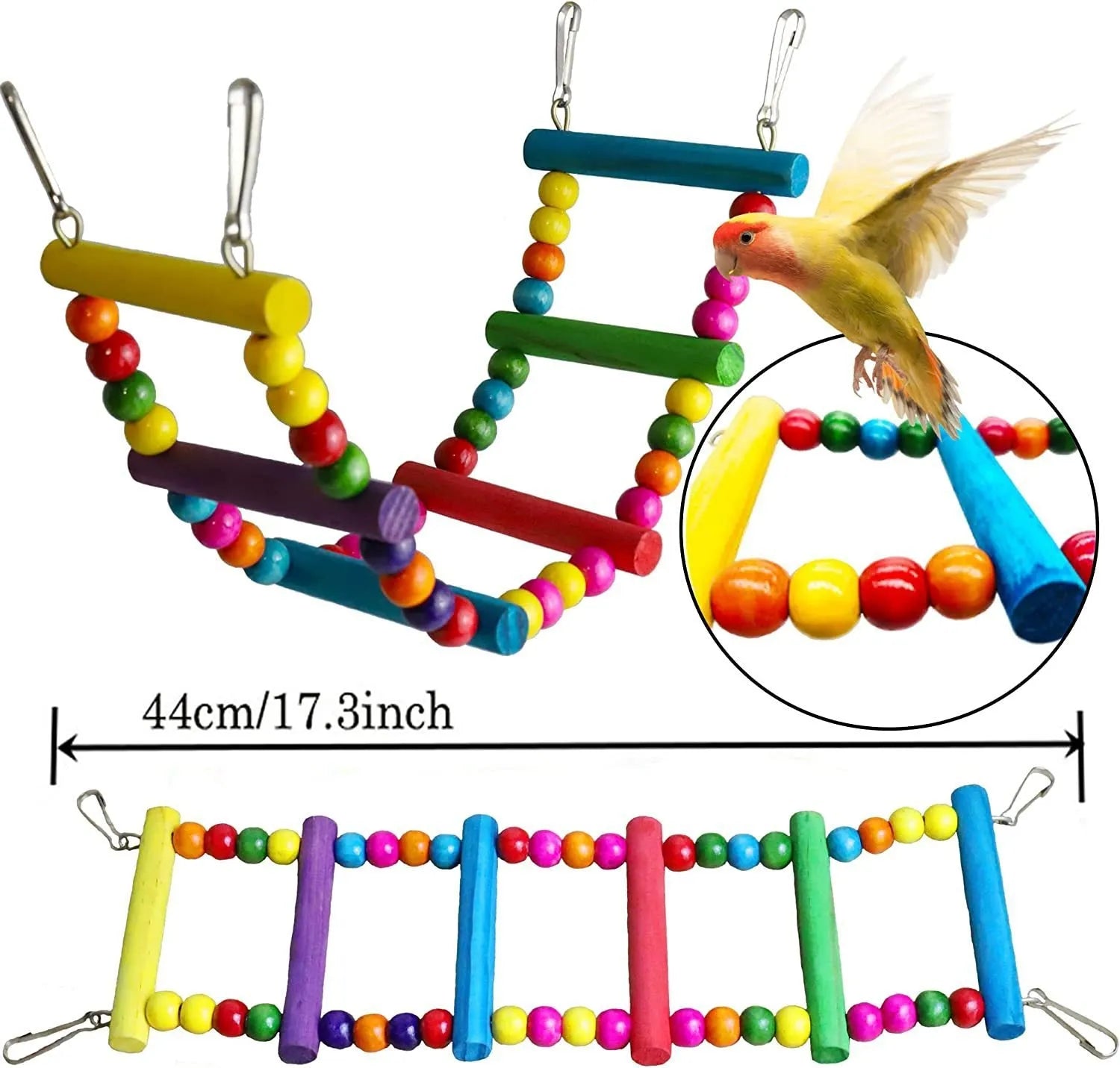 7PCs wooden parrot toys bird cage accessories set on a white background