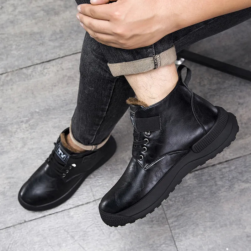 Men's black high-top platform Martin boots with velvet and PU upper on a rubber sole.