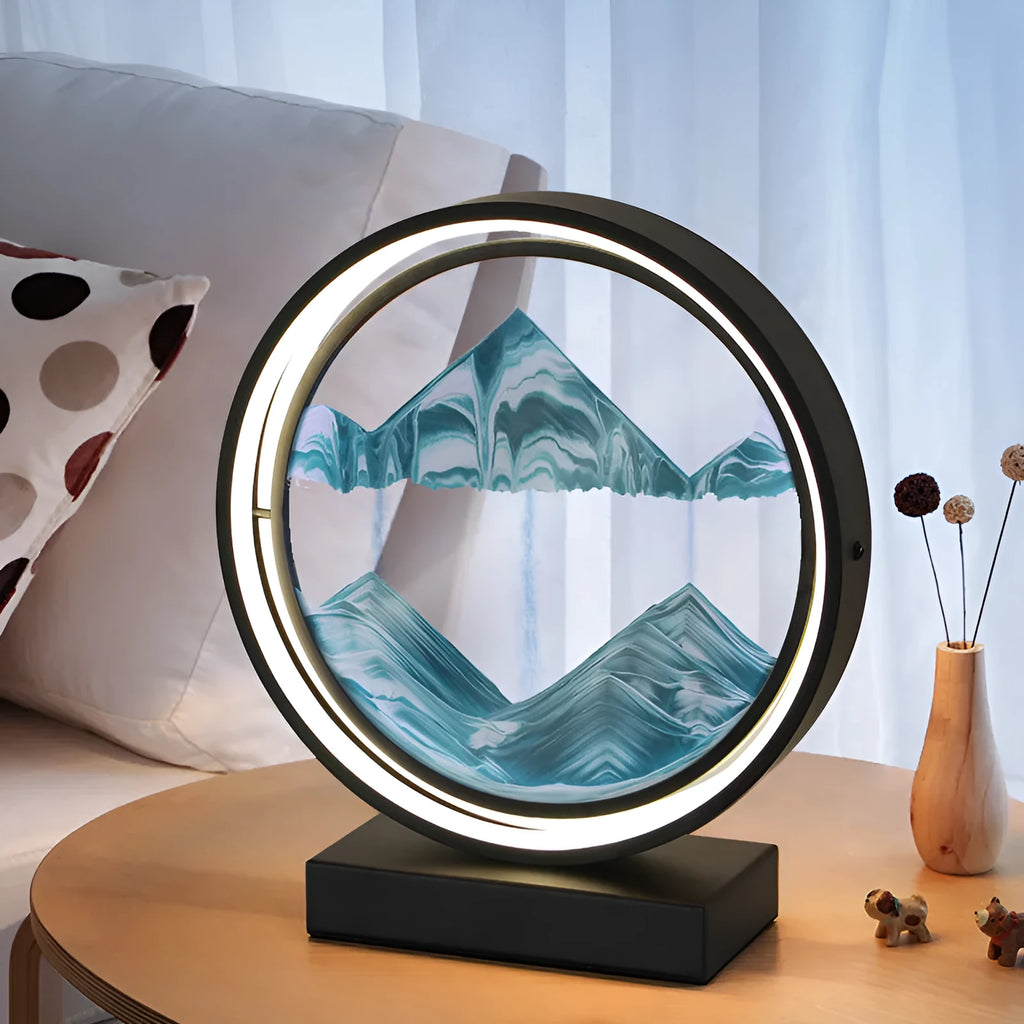 Creative quicksand table lamp with hardware body silicone lampshade and coloured sand in bedroom setting