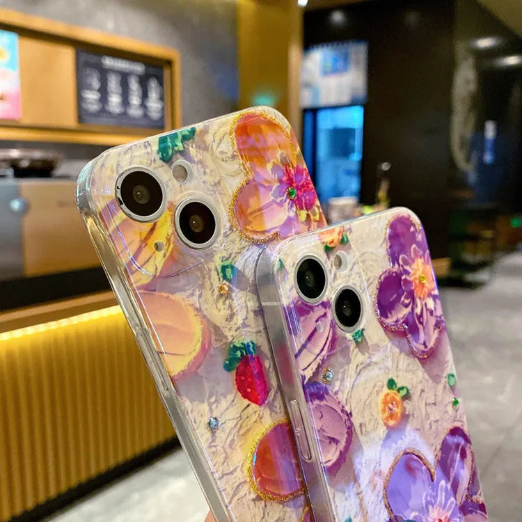 Soft rubber phone case with oil painting flower design and blue light effect featuring diamond drop glue detailing