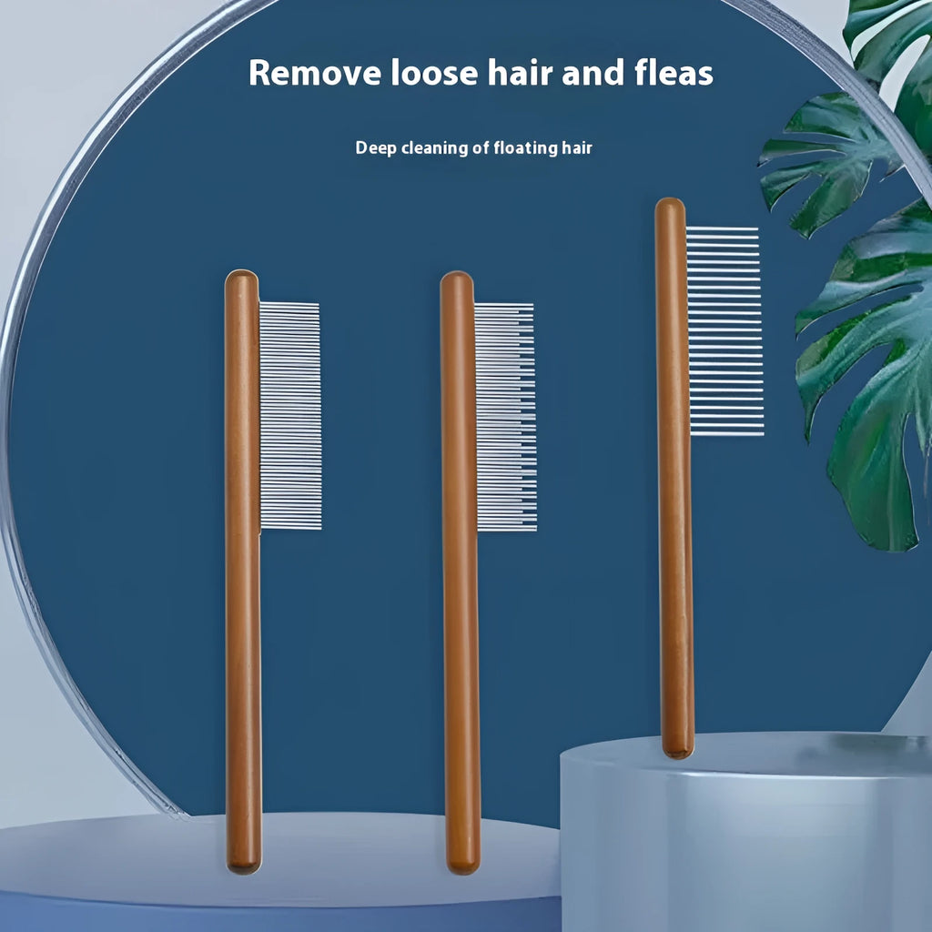 Stainless steel flea comb with dense teeth for removing fleas from a dog's coat