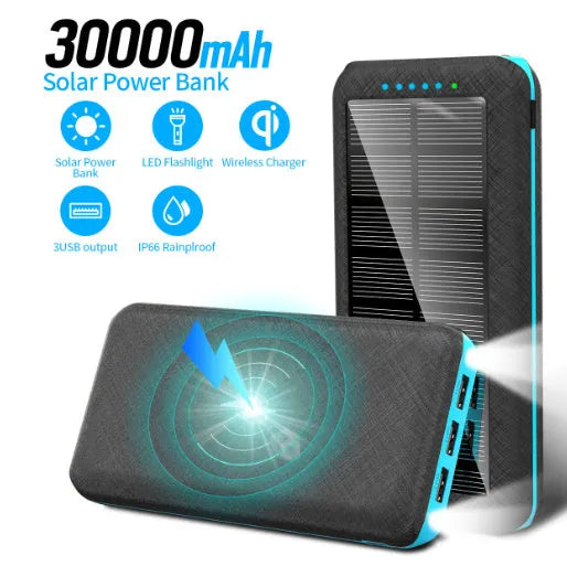 Black portable power bank with wireless Qi charging pad, three USB ports, and LED flashlight for iPhone Samsung Xiaomi phones