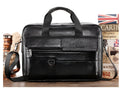 14 inch black leather men's briefcase in top layer cowhide with single shoulder strap and multiple interior pockets