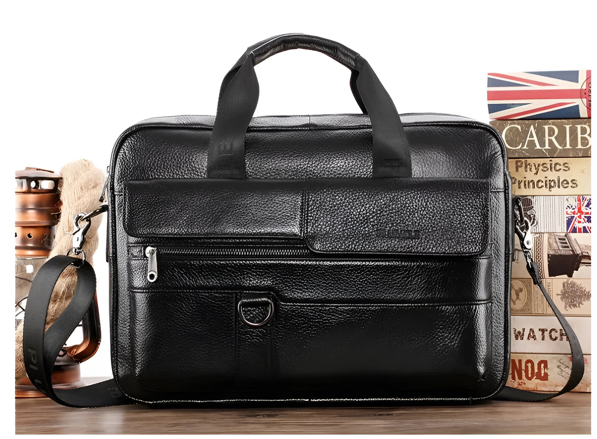 14 inch black leather men's briefcase in top layer cowhide with single shoulder strap and multiple interior pockets
