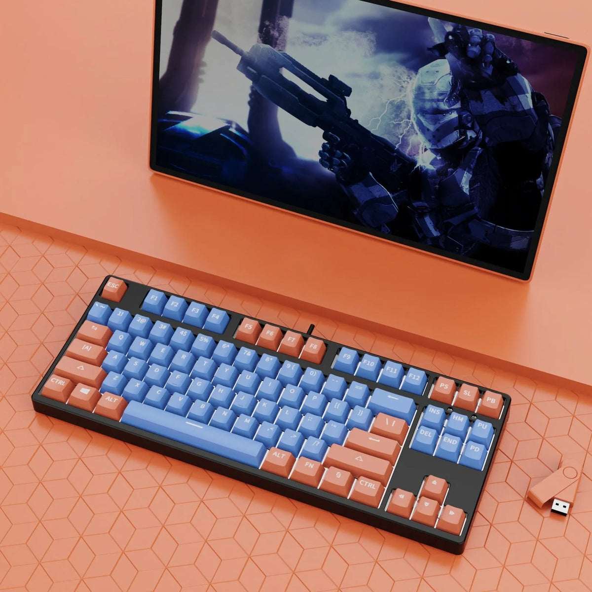 87-key wired mechanical keyboard with hot-swappable switches showing multiple colour combination options