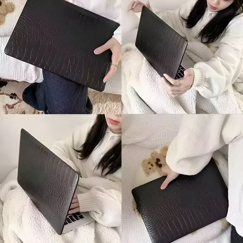 Crocodile pattern laptop protective case for MacBook Pro and Air in black, white or soft pink with hollow Apple logo.