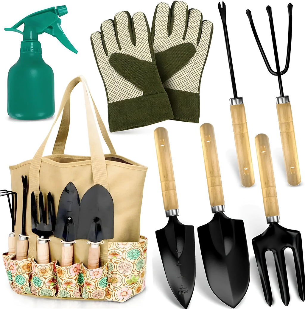 Eight-piece stainless steel gardening tool set with spade, fork, trowel, hand rake, and weeder