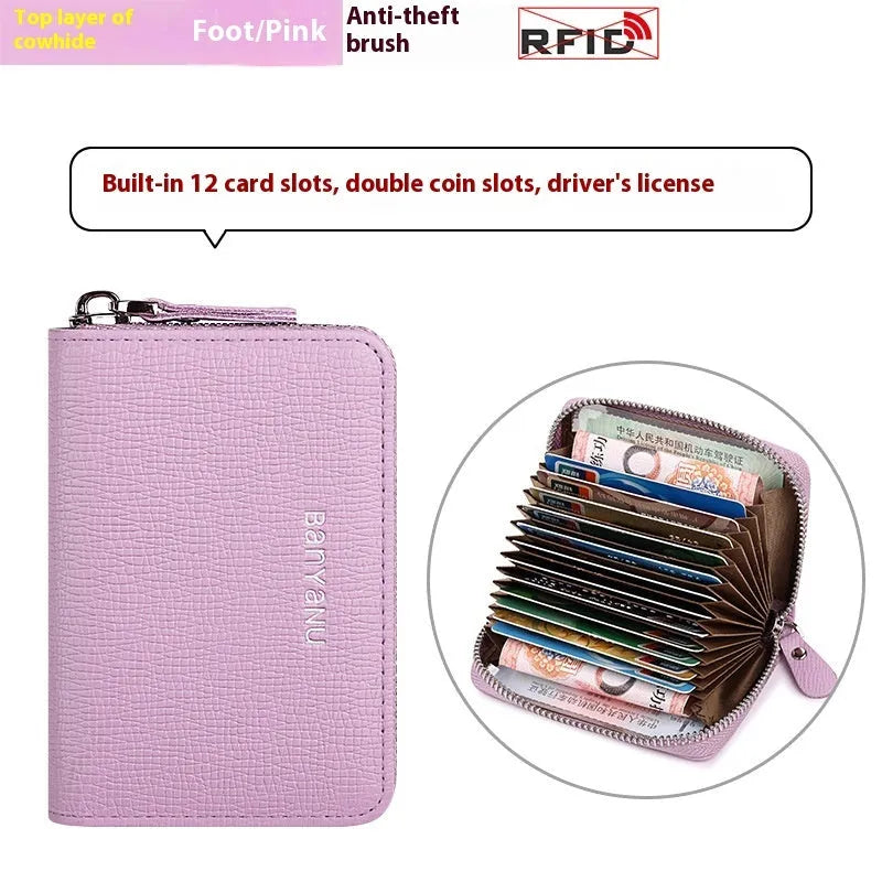Genuine Leather Card Holder Female Cowhide Card Wallet Urban Simplicity 12 to 45 Slots Black Burgundy Pink Light Blue Dark Blue Daily Matching Card Organiser