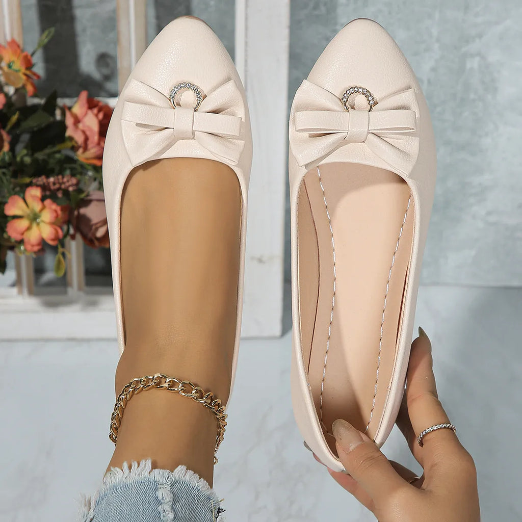 Women's flat casual bowknot shoes in beige with shallow mouth design and round toe