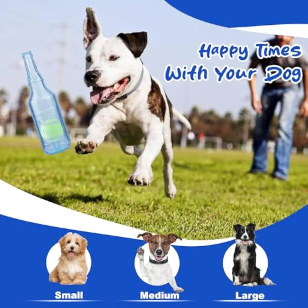 Blue natural rubber squeaky dog toy shaped like a water bottle for chewing and interactive play.