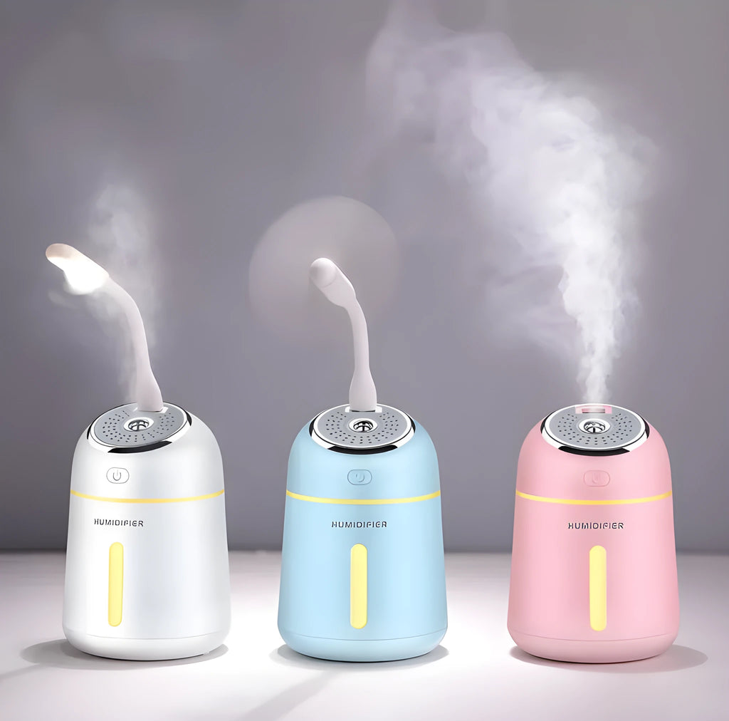 Mini USB ultrasonic humidifier in blue, pink or white, 330ml, 139x96x96mm, with USB fan and LED light