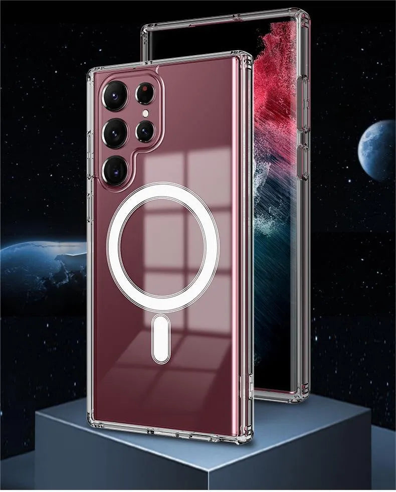 Transparent magnetic phone case for Samsung Galaxy with MagSafe compatibility showing magnetic ring