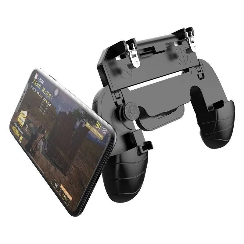 Multifunctional mobile game handle with telescopic bracket extended, shown in black, blue, and white colour options.