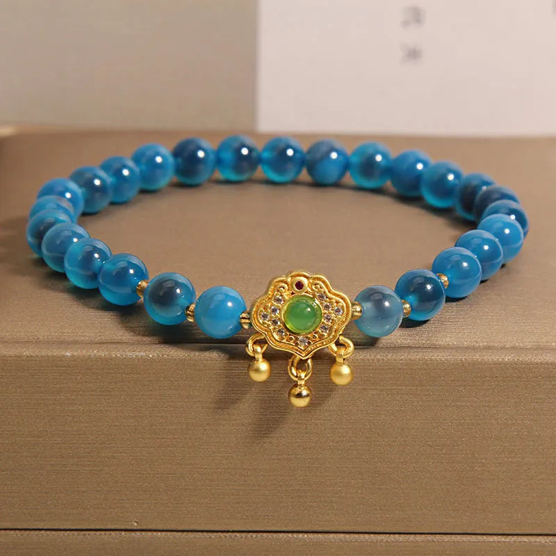 Blue sugar heart agate jade safety lock pendant women's bracelet with rhinestones and alloy inlay