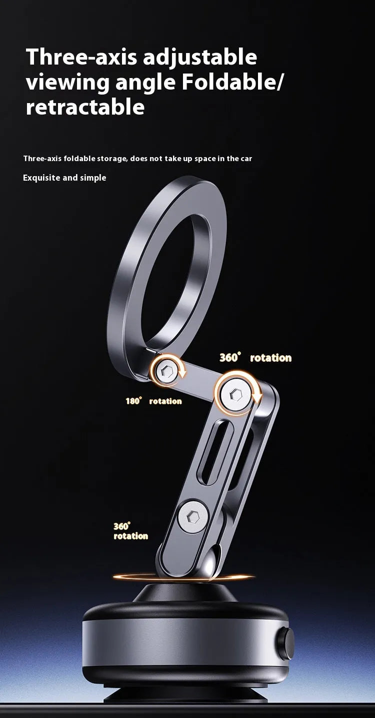 Magnetic car phone holder with vacuum suction cup dashboard mount and 360° rotating adjustment, dark grey.