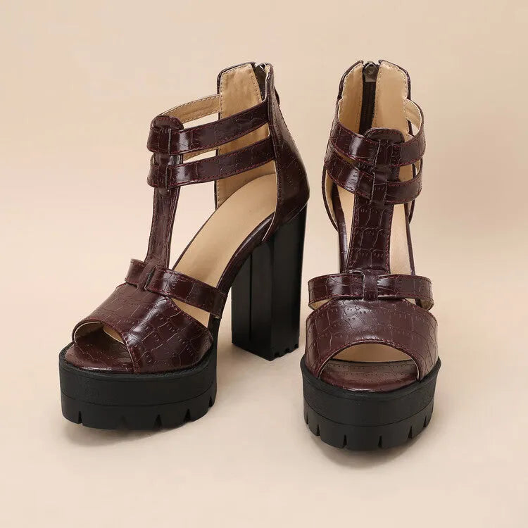 Women's black PU platform high heel sandals with a back zipper and round toe.