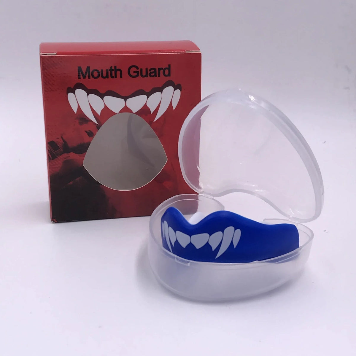 Adult boxing sports mouthguard with tooth socket free design in black and white printed teeth pattern.