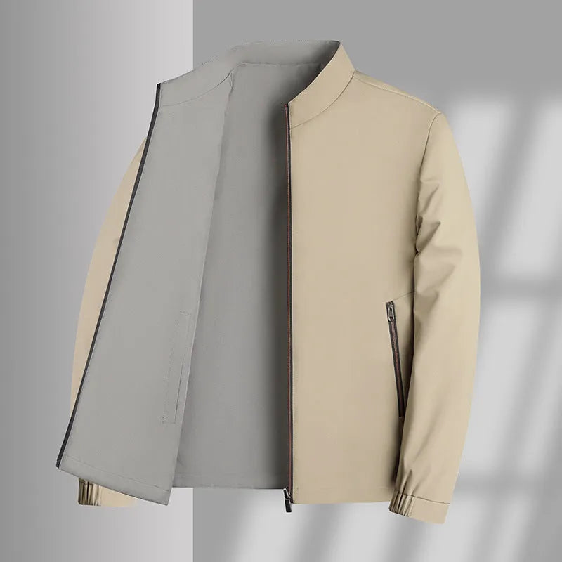 Men's double-sided stand collar windproof jacket in polyester, loose fit, available in black, navy, khaki and red, sizes M-4XL.