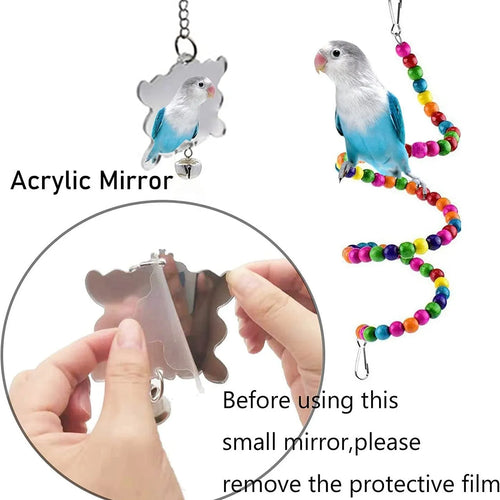 7PCs wooden parrot toys bird cage accessories set on a white background