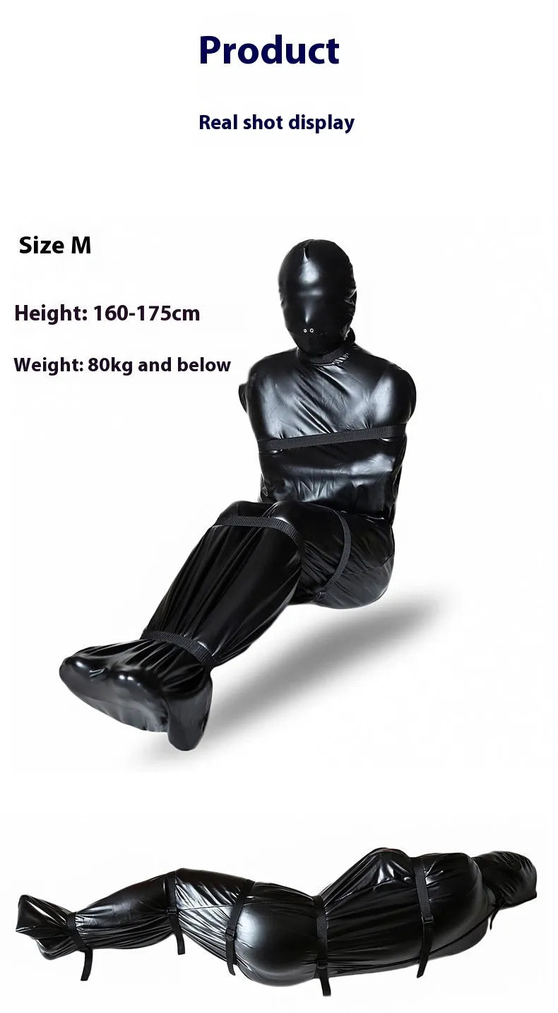 Black patent leather bondage set with nostril clothing and six ratchet tie down wraps