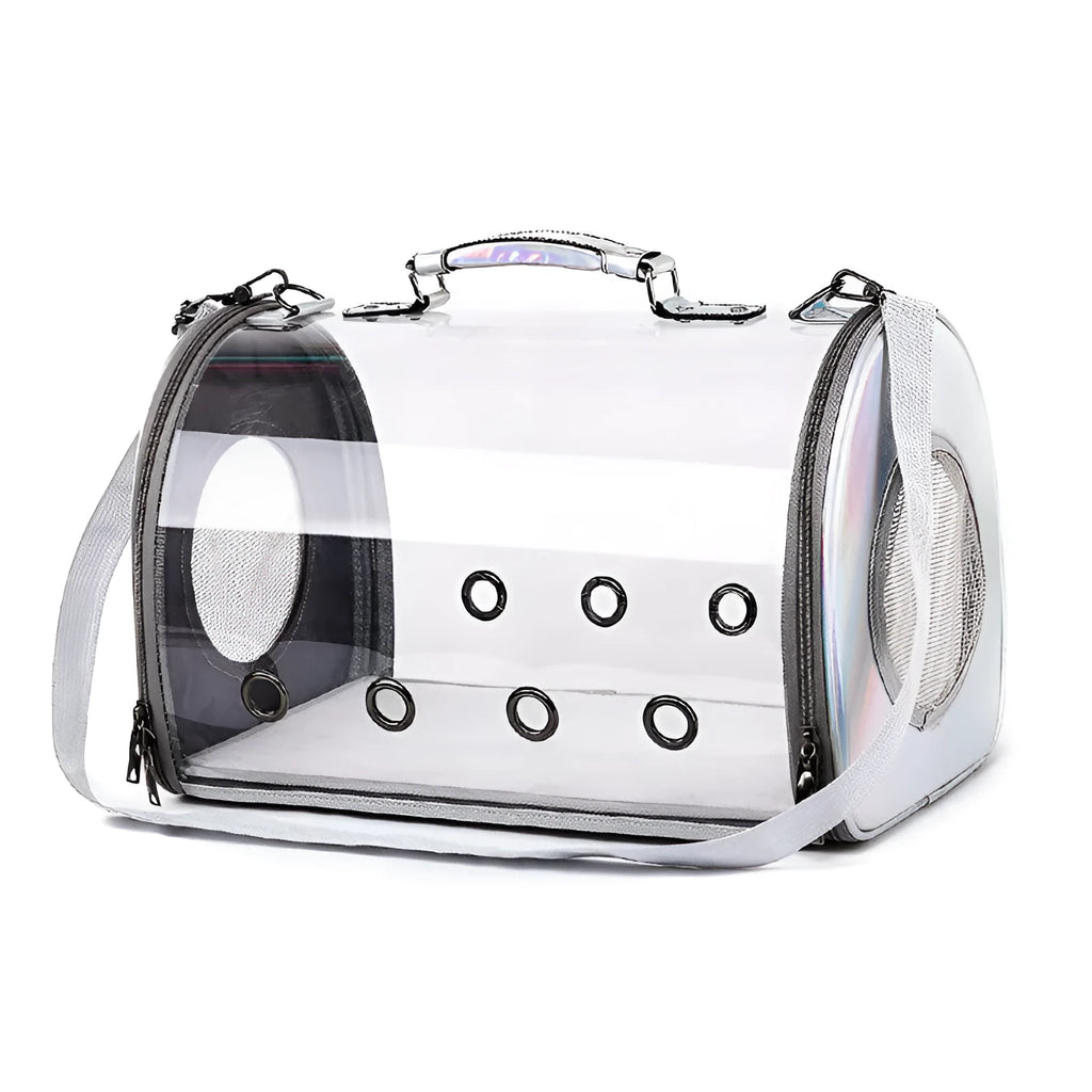 Transparent PU pet bag with geometric pattern, blue pink red silver, 12kg capacity, two sizes