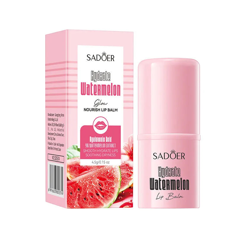 Anti-chapped lip moisturising lipstick in a tube, shown alongside text listing variants like Marigold, Hyaluronic Acid, and Watermelon.