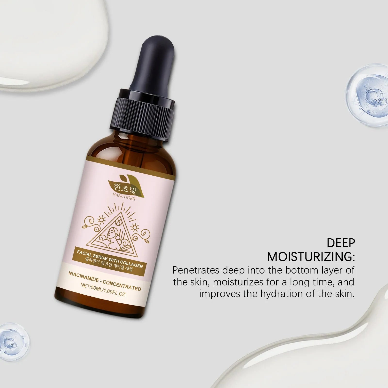 Collagen facial fluid 50ml bottle with nicotinamide and glycerol for face hydration