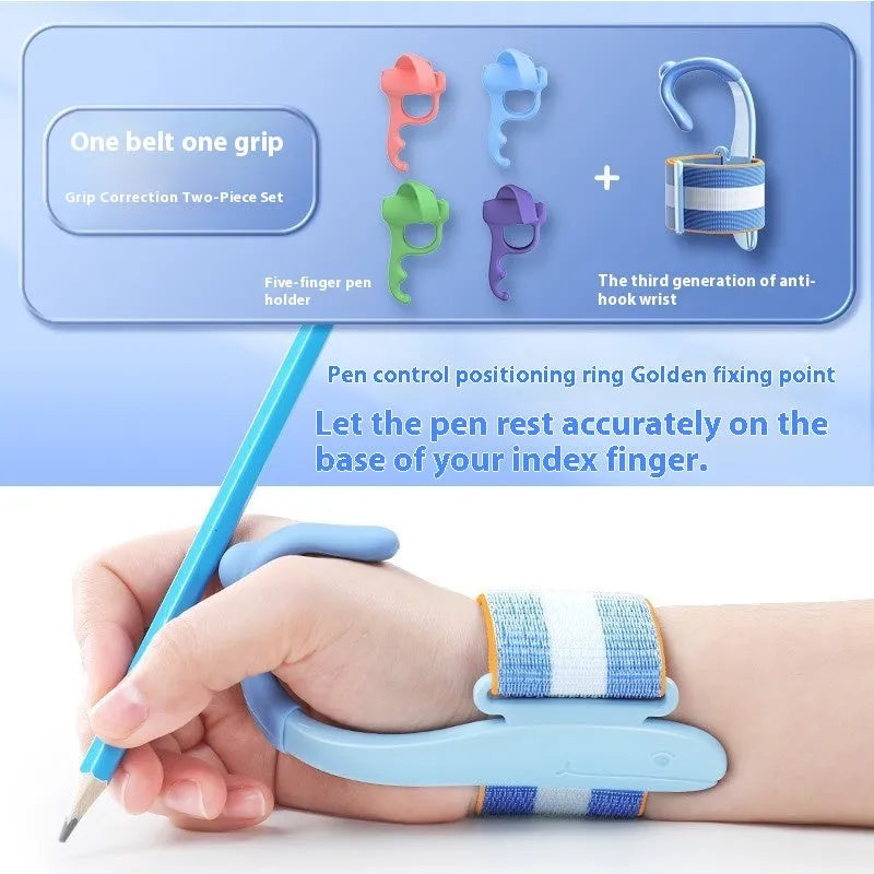 Blue anti-hook wrist brace corrector for handwriting posture and pencil grip training