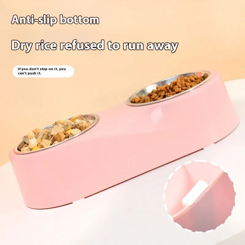 Alloy solid color separation design cat water bowl in gray with two compartments showing stainless steel inserts