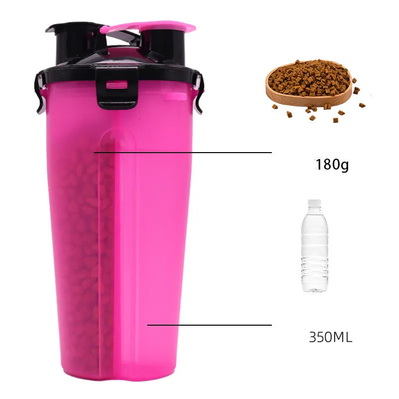 Portable pet water and food cup with 350ml water capacity and 250g food storage in multiple colours